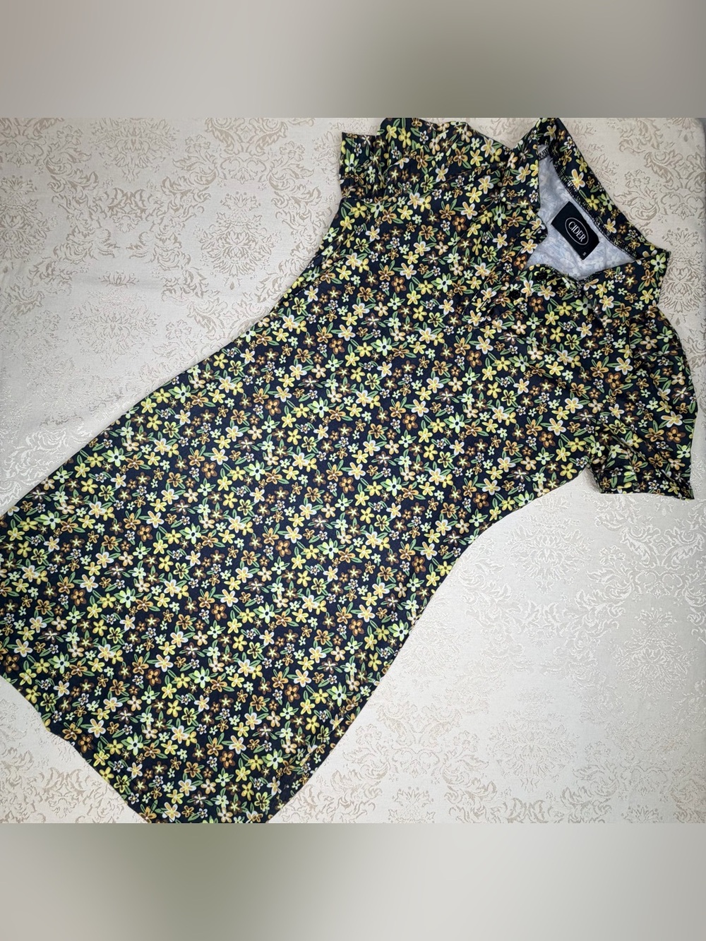 Cider Black Mini Dress with Yellow & Green Floral Print, Small